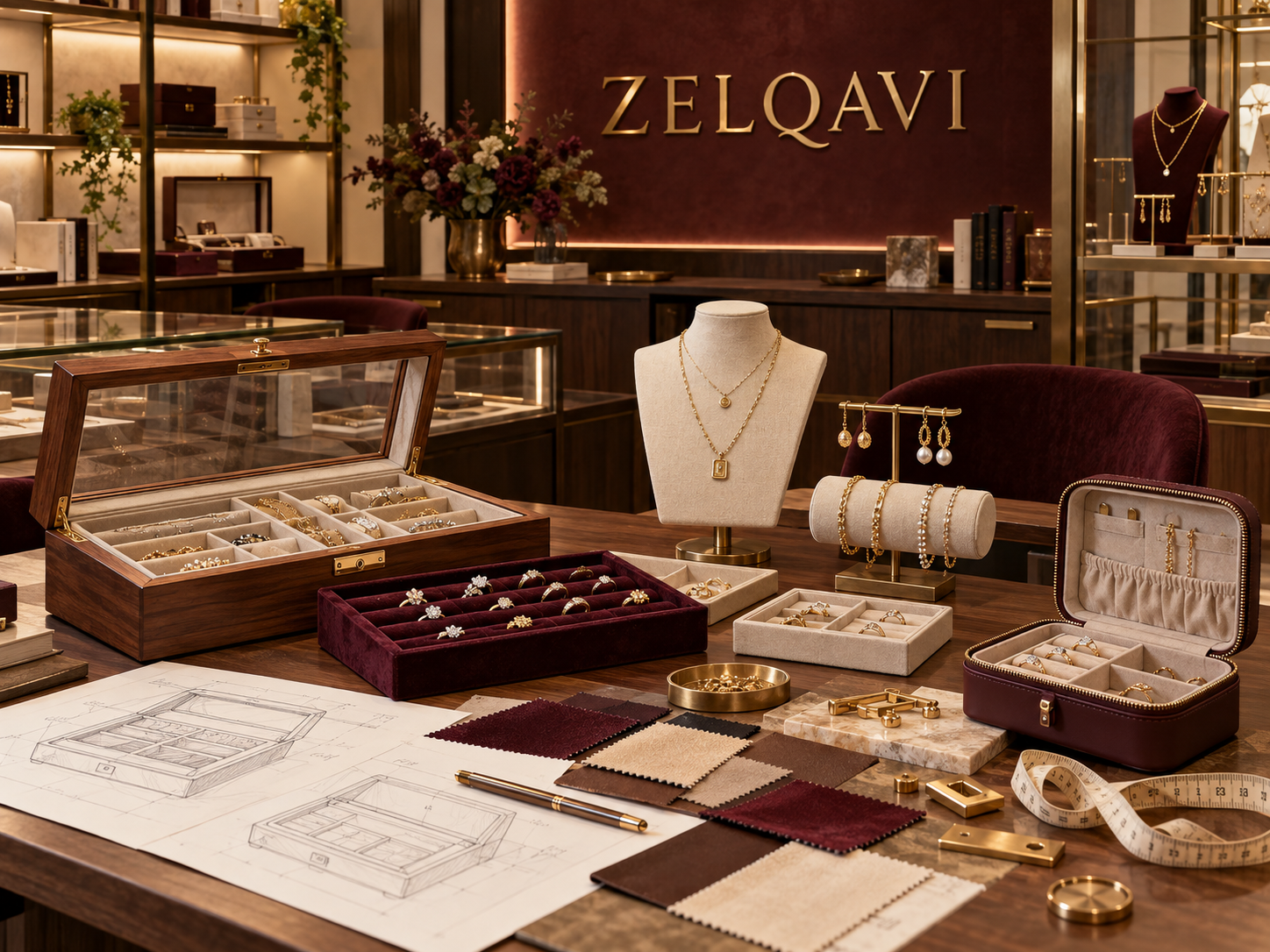 Zelqavi jewelry organization studio with wooden jewelry boxes, ring trays, necklace and bracelet displays, travel cases and material samples